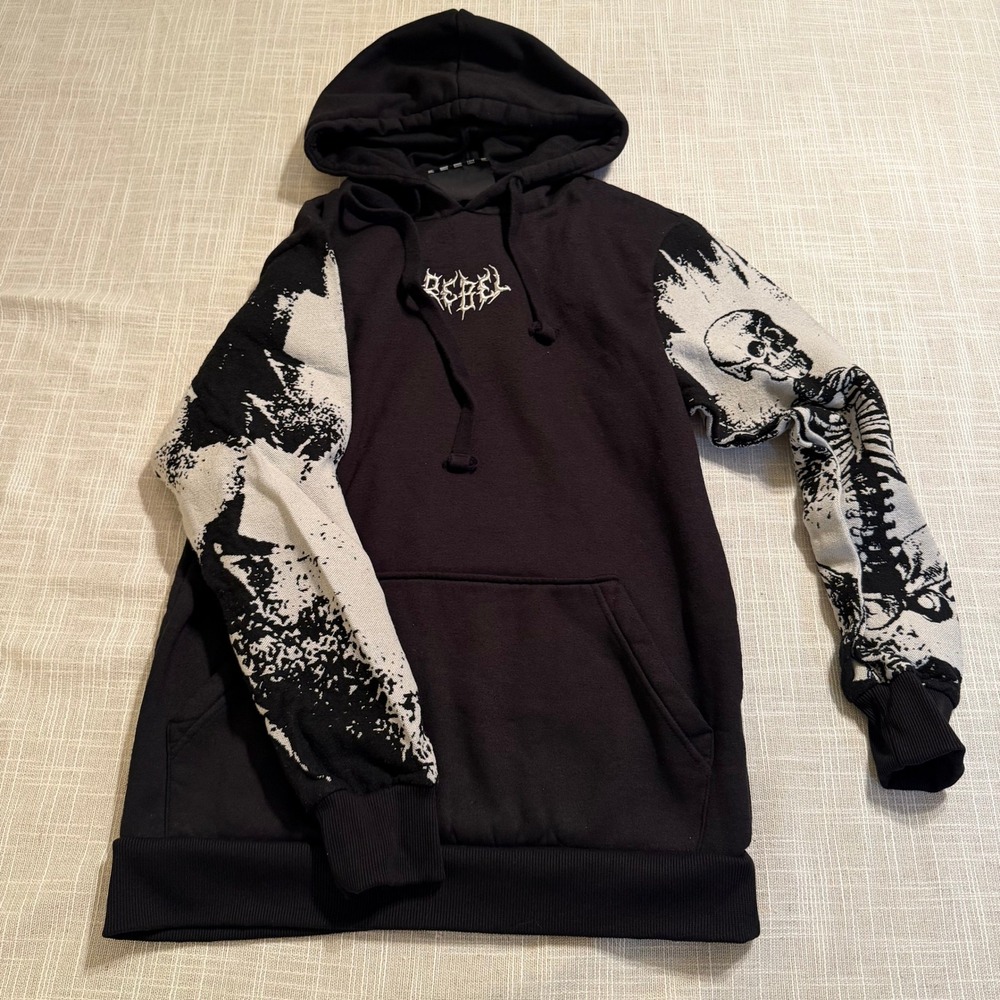 Rebel Vengeance Mens Black Skeleton Graphic Sleeve Pullover Hoodie Small